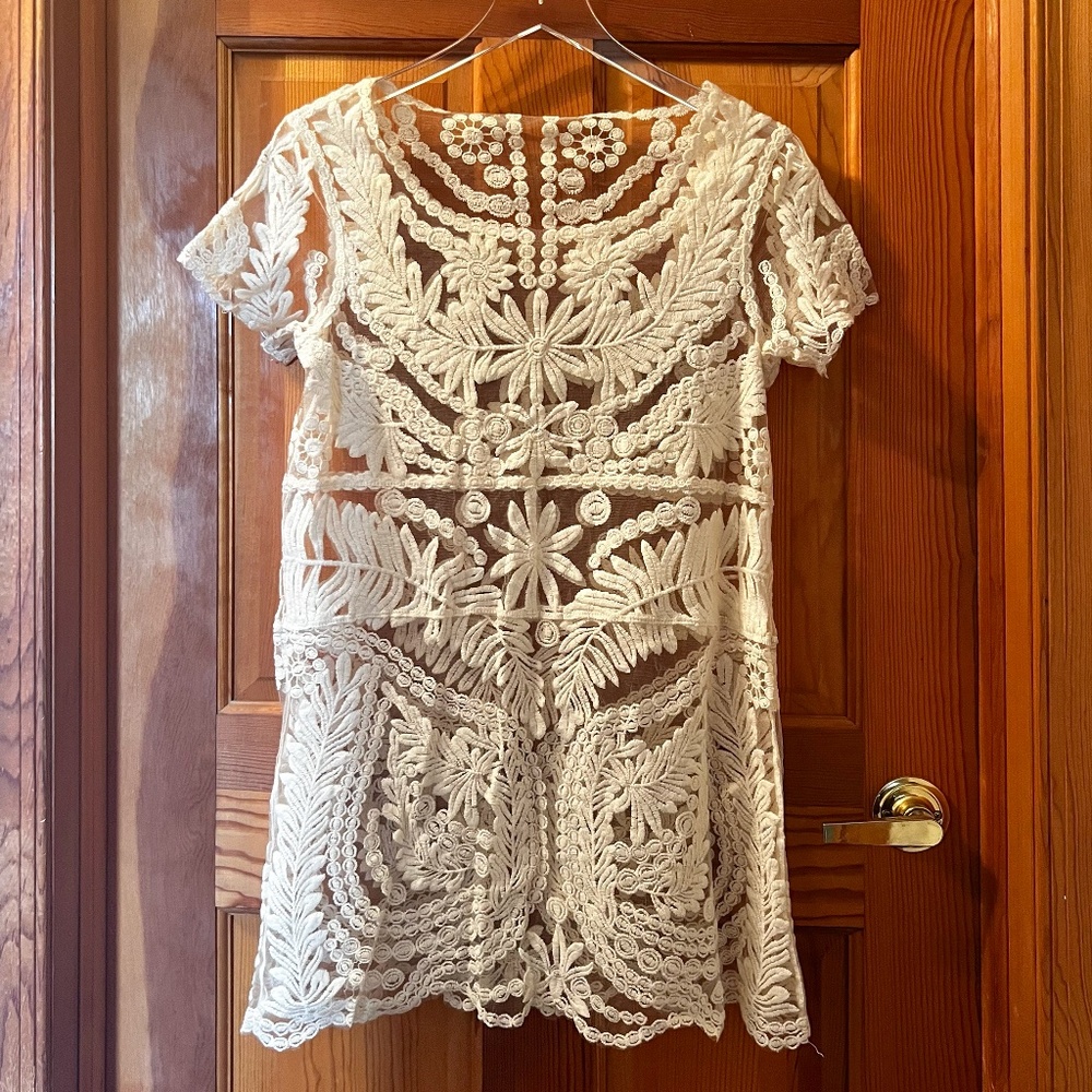 Sheer Boho Cream Crochet Mini Tunic Dress